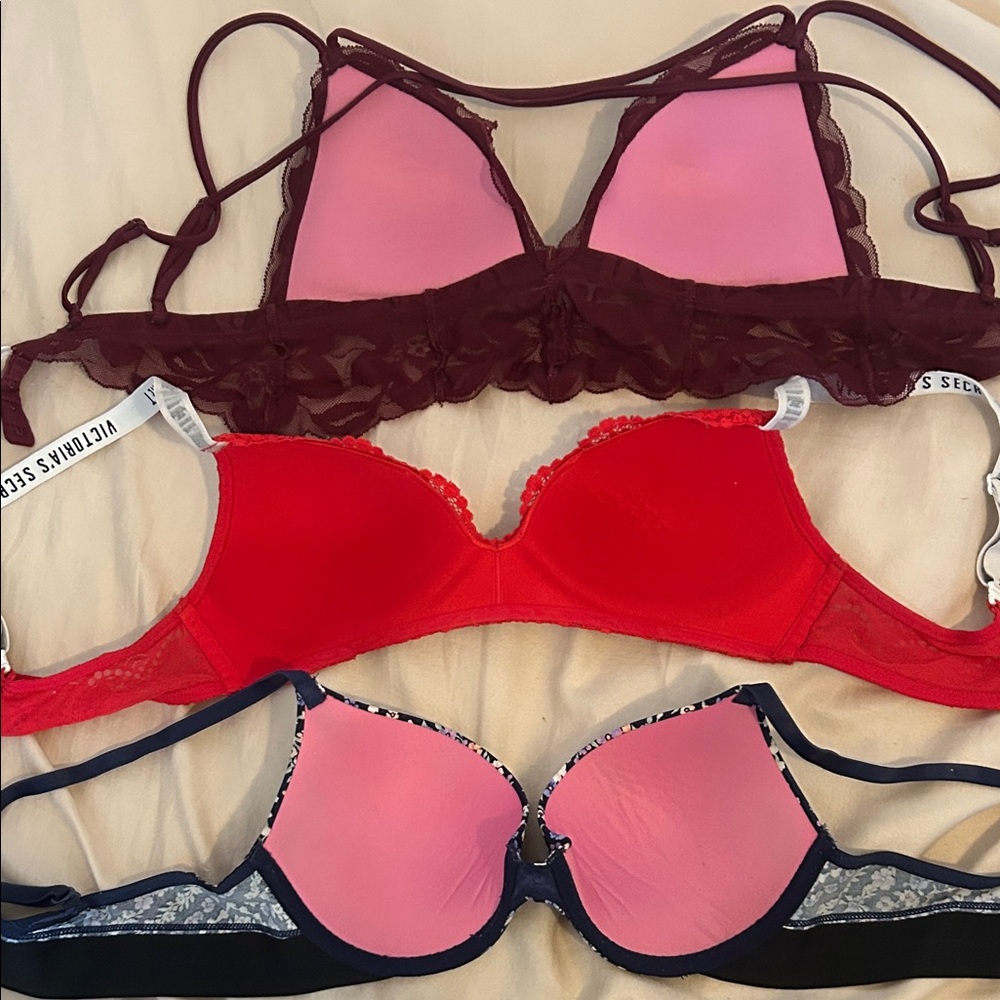 Victoria's Secret Pink Lace and Floral Bra, burgundy cross strap bra Set of 3 - Picture 3 of 4
